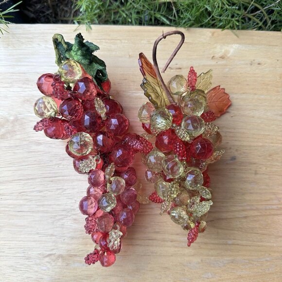 VTG Two Faceted Lucite Bead Acrylic Plastic Cluster Grapes with Leaves Stems 6"+ - Picture 6 of 8